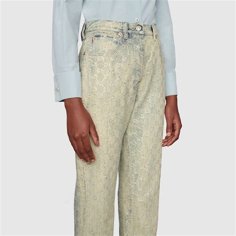 gucci bell bottoms|GG jacquard denim pant in blue and white .